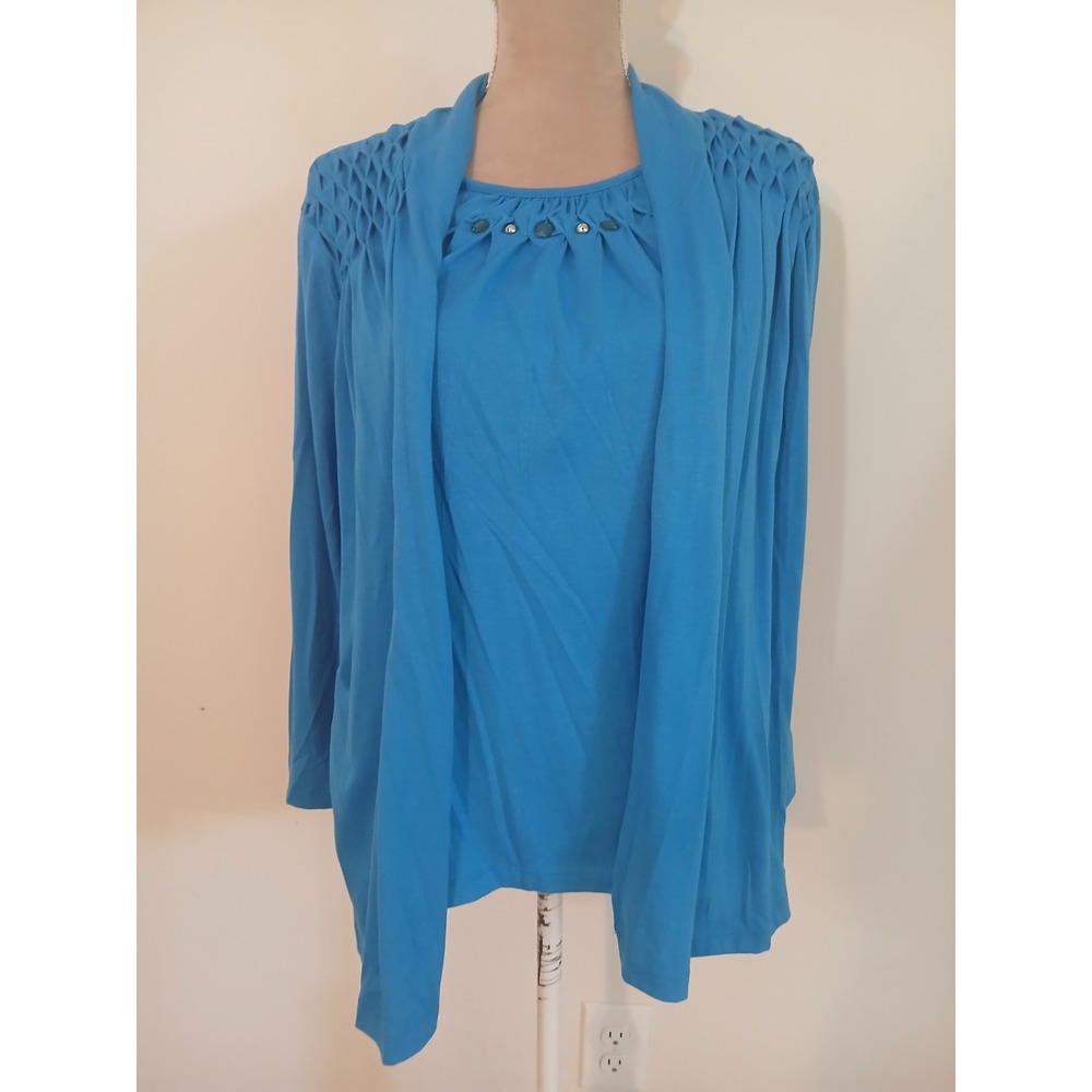 Sag Harbor XL Stretch Blue Cardigan Shell 1 Piece Blue Beaded Smocked New Modest